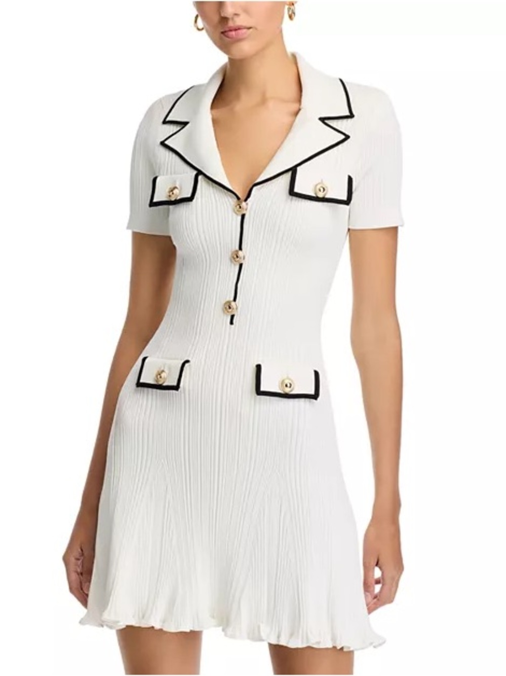 Self-Portrait White Mini Dress with Black Piping and Gold Buttons